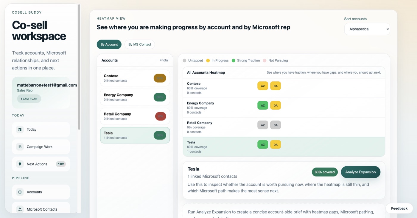 Co-Sell Buddy heatmap view showing account traction and Microsoft relationship progress